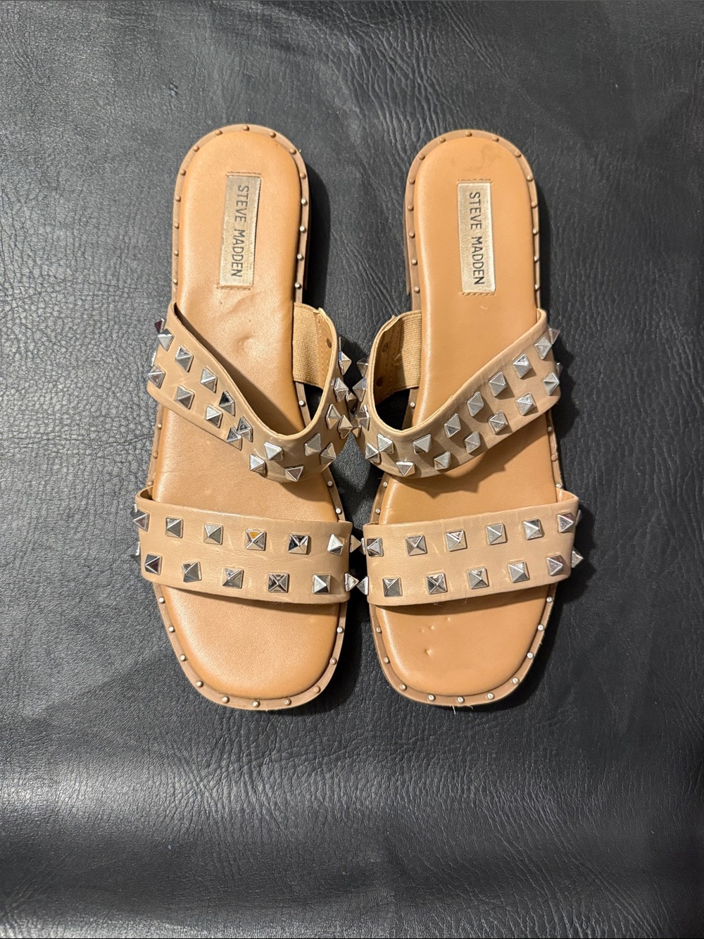 Steve Madden Beige Studded Double-Strap Slide Sandals